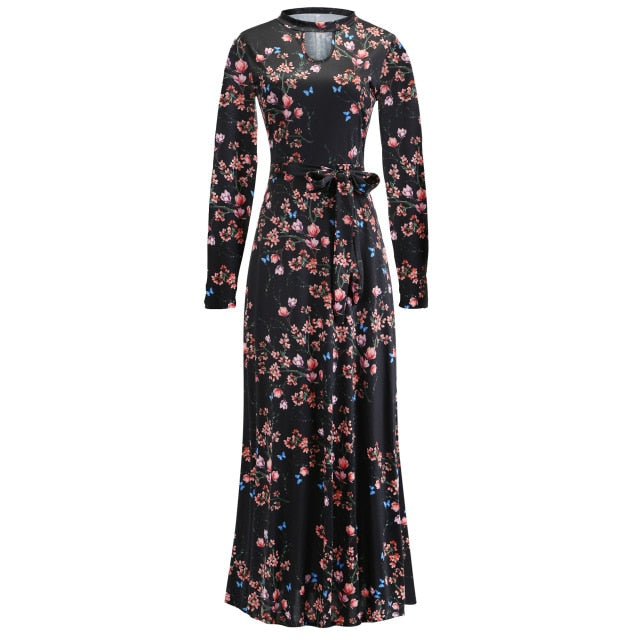 Vintage Floral Print Short Sleeve Long Dress Summer Casual Slim Women New Elegant Belt Bodycon Party Robe Holiday Maxi Vestidos