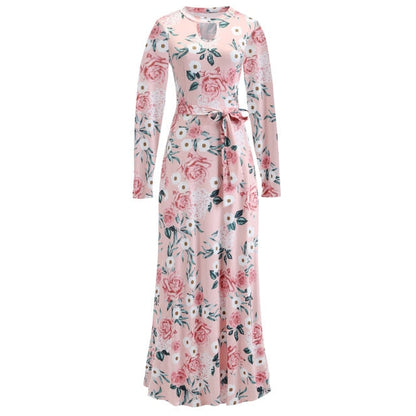 Vintage Floral Print Short Sleeve Long Dress Summer Casual Slim Women New Elegant Belt Bodycon Party Robe Holiday Maxi Vestidos