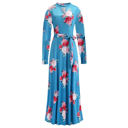 Vintage Floral Print Short Sleeve Long Dress Summer Casual Slim Women New Elegant Belt Bodycon Party Robe Holiday Maxi Vestidos