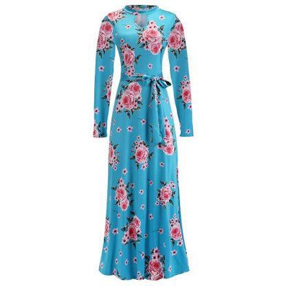 Vintage Floral Print Short Sleeve Long Dress Summer Casual Slim Women New Elegant Belt Bodycon Party Robe Holiday Maxi Vestidos