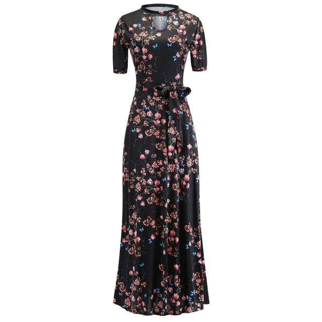 Vintage Floral Print Short Sleeve Long Dress Summer Casual Slim Women New Elegant Belt Bodycon Party Robe Holiday Maxi Vestidos