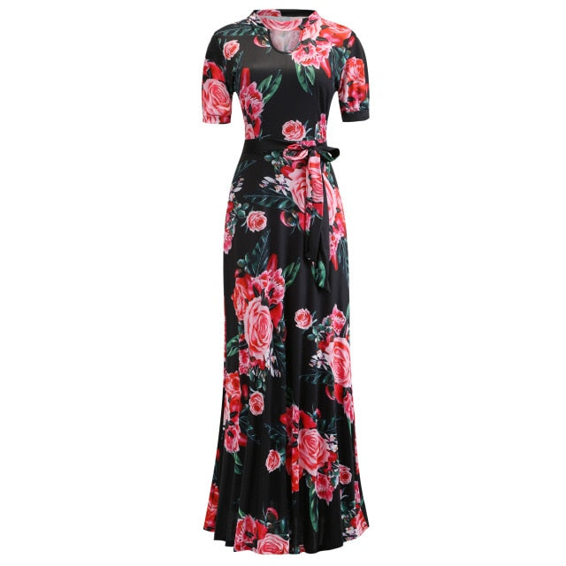 Vintage Floral Print Short Sleeve Long Dress Summer Casual Slim Women New Elegant Belt Bodycon Party Robe Holiday Maxi Vestidos