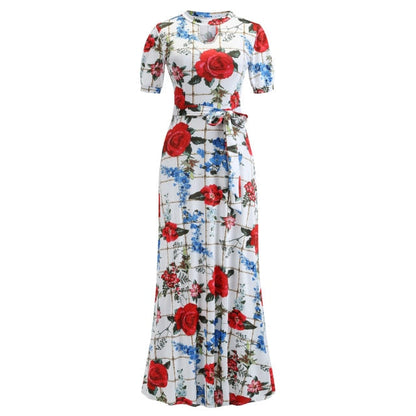 Vintage Floral Print Short Sleeve Long Dress Summer Casual Slim Women New Elegant Belt Bodycon Party Robe Holiday Maxi Vestidos