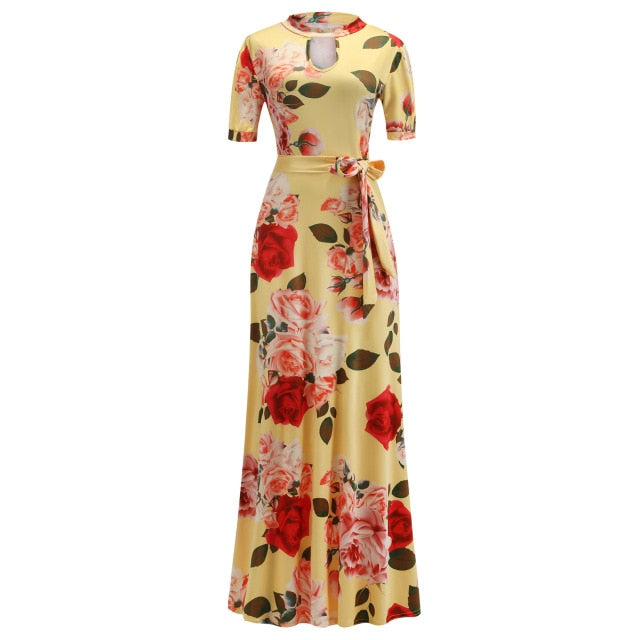 Vintage Floral Print Short Sleeve Long Dress Summer Casual Slim Women New Elegant Belt Bodycon Party Robe Holiday Maxi Vestidos