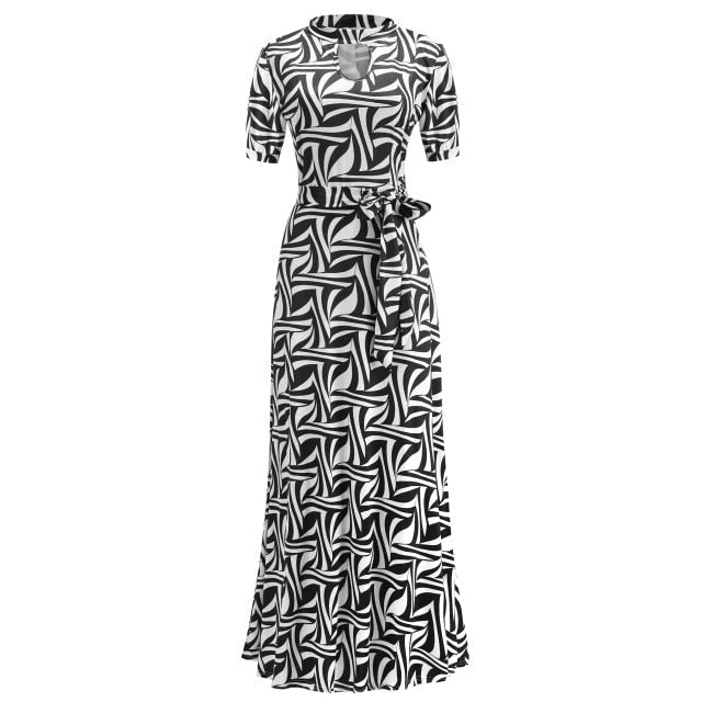 Vintage Floral Print Short Sleeve Long Dress Summer Casual Slim Women New Elegant Belt Bodycon Party Robe Holiday Maxi Vestidos