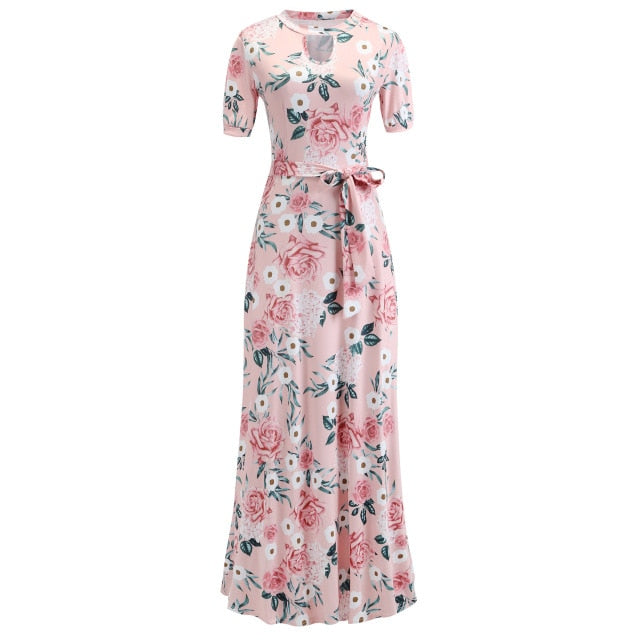 Vintage Floral Print Short Sleeve Long Dress Summer Casual Slim Women New Elegant Belt Bodycon Party Robe Holiday Maxi Vestidos