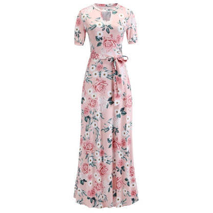 Vintage Floral Print Short Sleeve Long Dress Summer Casual Slim Women New Elegant Belt Bodycon Party Robe Holiday Maxi Vestidos