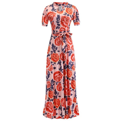 Vintage Floral Print Short Sleeve Long Dress Summer Casual Slim Women New Elegant Belt Bodycon Party Robe Holiday Maxi Vestidos