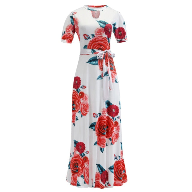 Vintage Floral Print Short Sleeve Long Dress Summer Casual Slim Women New Elegant Belt Bodycon Party Robe Holiday Maxi Vestidos