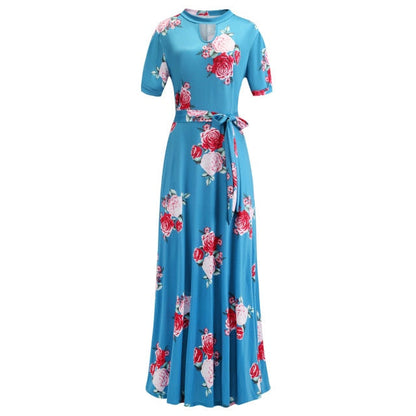 Vintage Floral Print Short Sleeve Long Dress Summer Casual Slim Women New Elegant Belt Bodycon Party Robe Holiday Maxi Vestidos