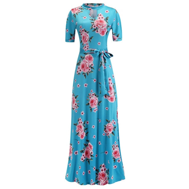 Vintage Floral Print Short Sleeve Long Dress Summer Casual Slim Women New Elegant Belt Bodycon Party Robe Holiday Maxi Vestidos