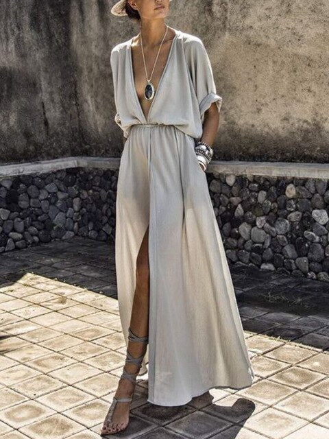 Summer Lady Sexy Deep V-neck Half sleeves Slit Dress Women Soild Casual Long dresses