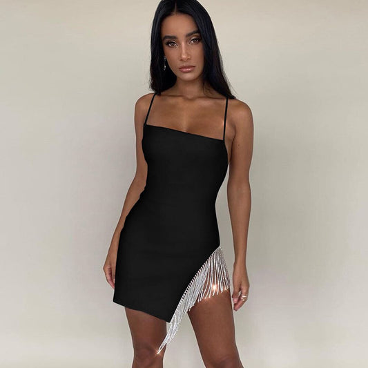 Women Summer dress Fashion Sexy High Split Spaghetti Strap Party Dress Tassel Sequin Dresses Sleeveless dress