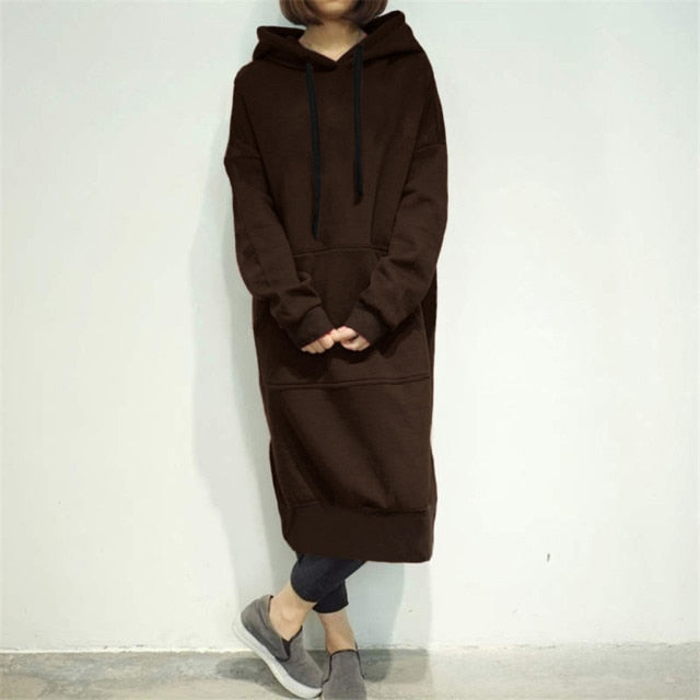 Women Loose Long Hoodie Casual Solid Color Hooded Sweatshirts Student's Autumn Winter Baggy Pullover Oversized Sweatshirt Dress