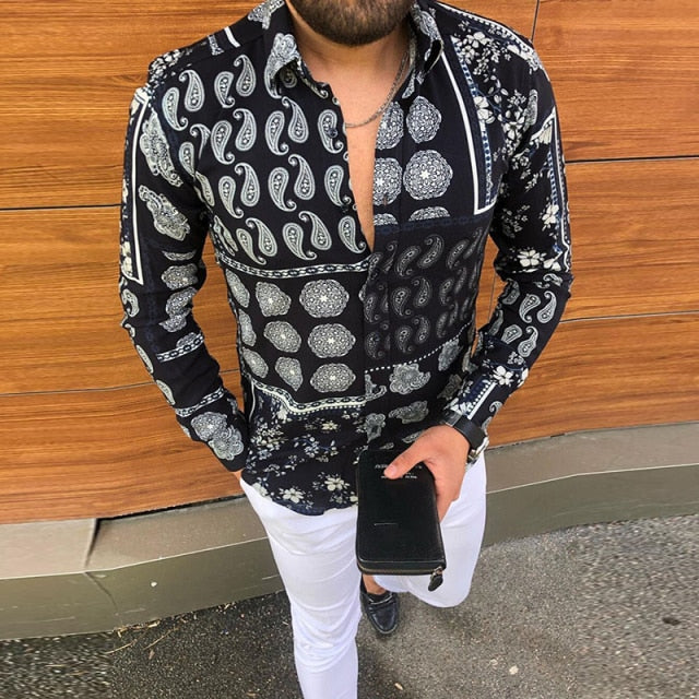 maoxiangshop Casual Loose Turn-down Collar Mens Shirts Vintage Printing Button Short Sleeve Tops Summer Men Clothing Fashion Streetwear