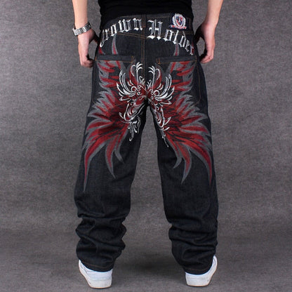 maoxiangshop Mens Jeans Top Rushed Stripe Loose Hip Hop Jeans Men Printed Hiphop Demin Pants Tide Trousers Embroidered Flower Wings