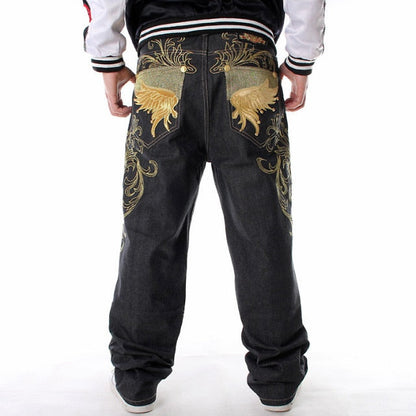 maoxiangshop Mens Jeans Top Rushed Stripe Loose Hip Hop Jeans Men Printed Hiphop Demin Pants Tide Trousers Embroidered Flower Wings