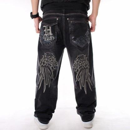 maoxiangshop Mens Jeans Top Rushed Stripe Loose Hip Hop Jeans Men Printed Hiphop Demin Pants Tide Trousers Embroidered Flower Wings