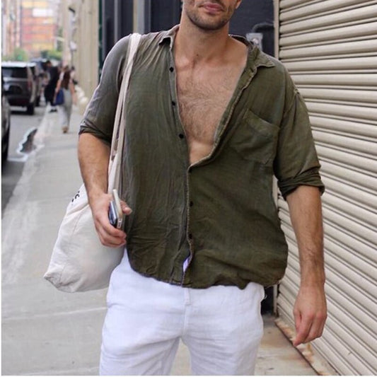 Men Vintage Shirts Autumn Solid Men's Long Sleeve V-neck Casual Beach Shirt Men's Clothing Large Size Chemise Homme