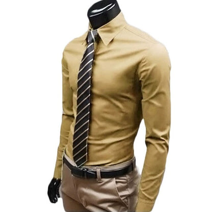 New Men Long Sleeve Shirt Cotton Social Solid Business Slim Fit Turndown Collar Shirts Clothing SCI88