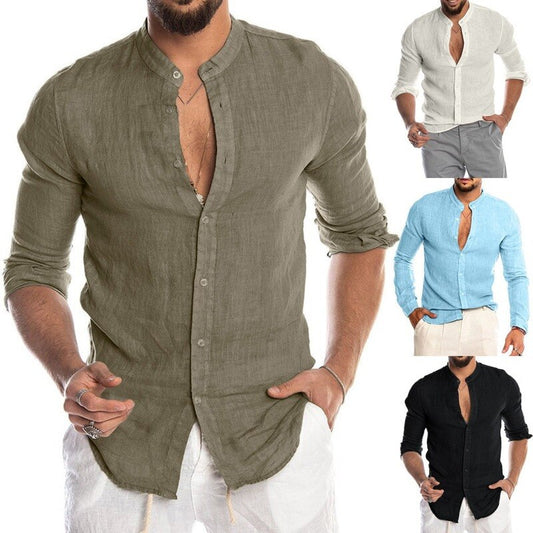 Lugentolo Slim-fit Stand-collar Shirt Mens Long Sleeve Single Breasted Summer Casual Plus Size Linen Men Tops