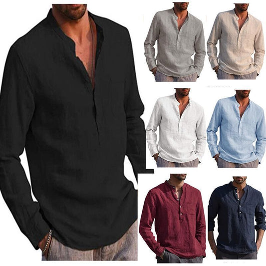Men's Casual Blouse Cotton Linen Shirt Loose Tops Fashion Solid Color Long Sleeve Shirt Spring Autumn  Men Shirt Streetwear