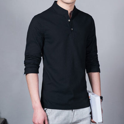 Men's New Stand-up Collar Long-sleeved Shirt Cotton Linen Linen Shirt Gentleman Casual Business Slim Shirt