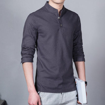Men's New Stand-up Collar Long-sleeved Shirt Cotton Linen Linen Shirt Gentleman Casual Business Slim Shirt