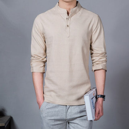 Men's New Stand-up Collar Long-sleeved Shirt Cotton Linen Linen Shirt Gentleman Casual Business Slim Shirt