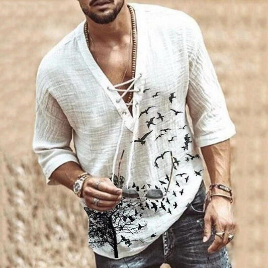 maoxiangshop Men's Casual Blouse Cotton Linen Shirt Loose Tops Half Sleeve Tee Shirt Spring Summer Casual Handsome Men Shirt