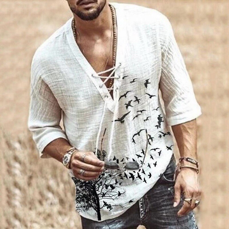 maoxiangshop Men's Casual Blouse Cotton Linen Shirt Loose Tops Half Sleeve Tee Shirt Spring Summer Casual Handsome Men Shirt