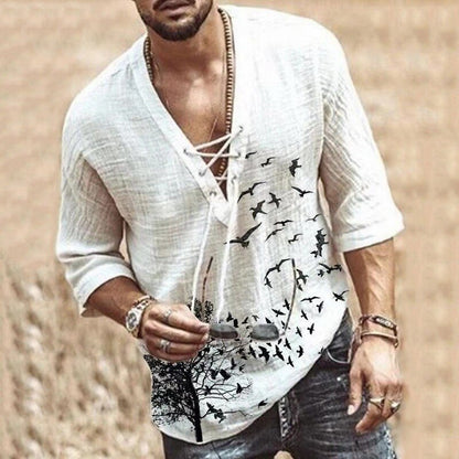 maoxiangshop Men's Casual Blouse Cotton Linen Shirt Loose Tops Half Sleeve Tee Shirt Spring Summer Casual Handsome Men Shirt