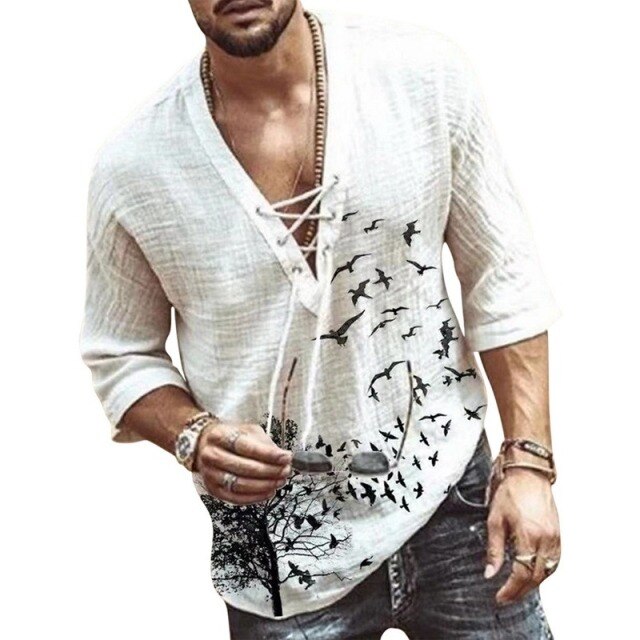 maoxiangshop Men's Casual Blouse Cotton Linen Shirt Loose Tops Half Sleeve Tee Shirt Spring Summer Casual Handsome Men Shirt