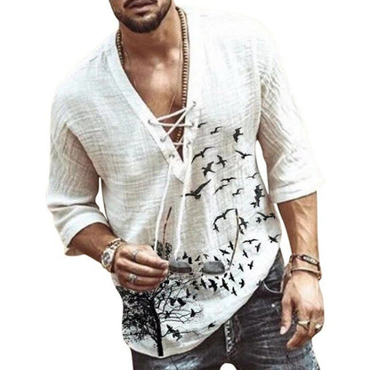 maoxiangshop Men's Casual Blouse Cotton Linen Shirt Loose Tops Half Sleeve Tee Shirt Spring Summer Casual Handsome Men Shirt