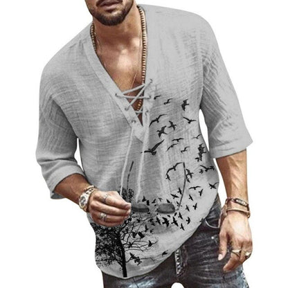 maoxiangshop Men's Casual Blouse Cotton Linen Shirt Loose Tops Half Sleeve Tee Shirt Spring Summer Casual Handsome Men Shirt