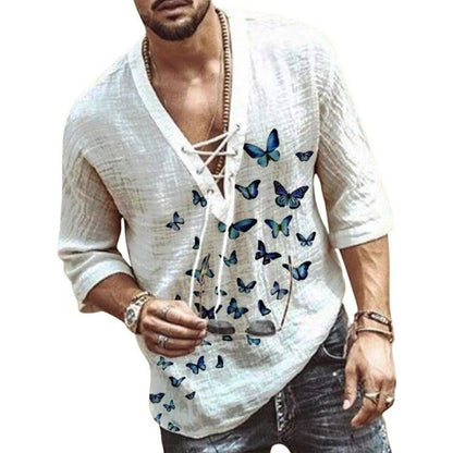 maoxiangshop Men's Casual Blouse Cotton Linen Shirt Loose Tops Half Sleeve Tee Shirt Spring Summer Casual Handsome Men Shirt