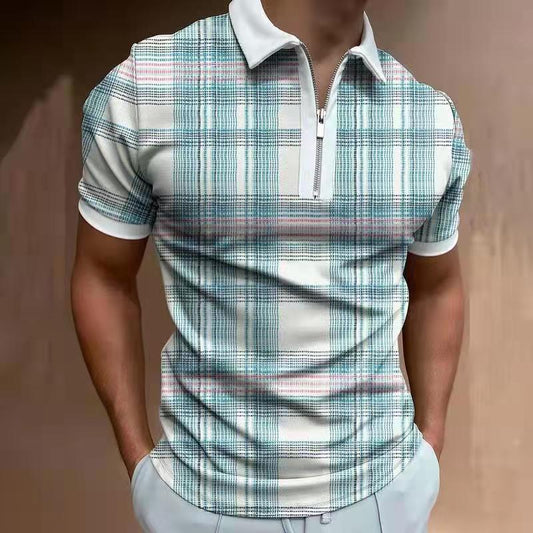 Summer Blue Plaid Men's Streetwear Fashion Patchwork Men Short Sleeve Polo Shirts Casual Turn-down Collar Zipper Quick Dry Tops