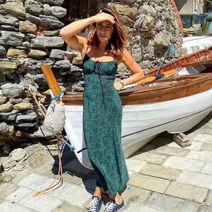 Foridol Strap Sleeveless Print Boho Summer Dress Long Women Green Floral Yellow Dresses Sundress Vintage French Style Dress