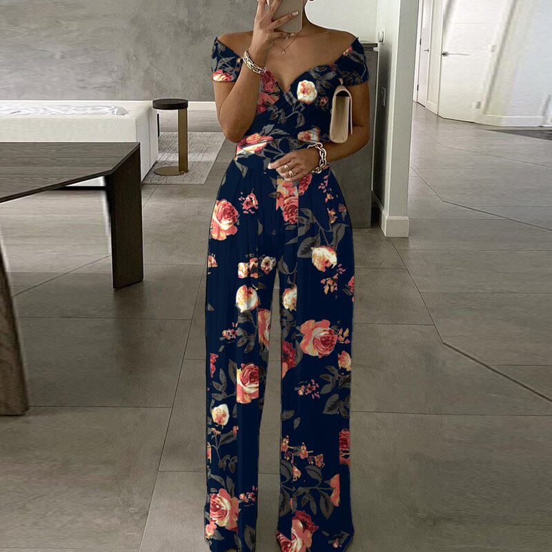 Women Elegant Floral Print Wide Leg Jumpsuit Ladies Casual Short Sleeve Romper Bodysuit Summer Fashion Overalls Playsuit XL