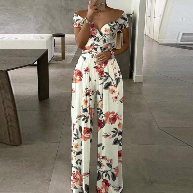 Women Elegant Floral Print Wide Leg Jumpsuit Ladies Casual Short Sleeve Romper Bodysuit Summer Fashion Overalls Playsuit XL