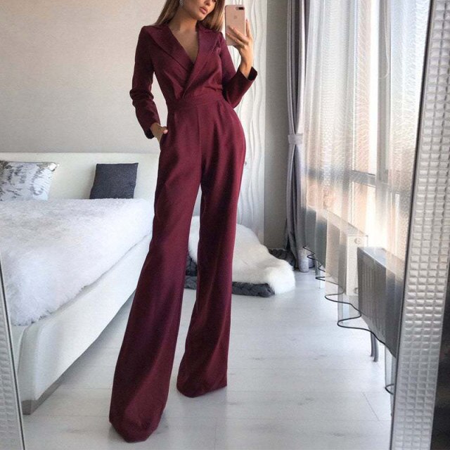 Women Solid Long Sleeve Jumpsuits Notched High Waist Wide Leg Rompers Loose Office Lady's Junpsuit Casual Elegant Summer