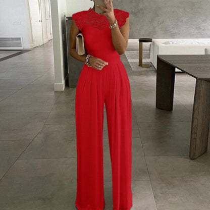 Women Sexy Hollow Out Sleeveless Solid Jumpsuit Summer Elegant Embroidery Lace Loose Beach Overall Office Lady Wide Leg Romper