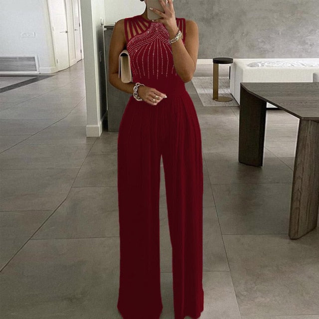 Women Sexy Hollow Out Sleeveless Solid Jumpsuit Summer Elegant Embroidery Lace Loose Beach Overall Office Lady Wide Leg Romper