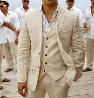 Suit Men Linen Beige Beach Wedding Suits for Men Casual Man Blazer Custom Groom Tuxedo Jacket Pants Set Mens Suits 3 Pieces