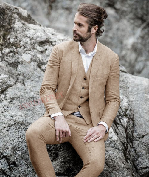 Suit Men Linen Beige Beach Wedding Suits for Men Casual Man Blazer Custom Groom Tuxedo Jacket Pants Set Mens Suits 3 Pieces