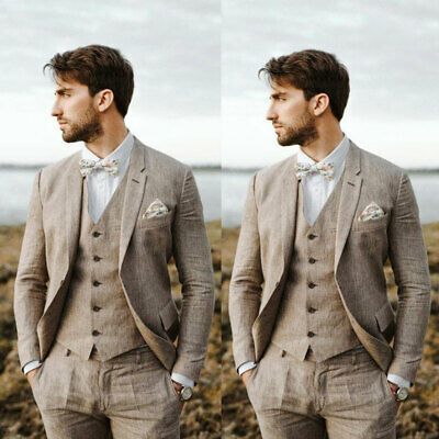 Suit Men Linen Beige Beach Wedding Suits for Men Casual Man Blazer Custom Groom Tuxedo Jacket Pants Set Mens Suits 3 Pieces