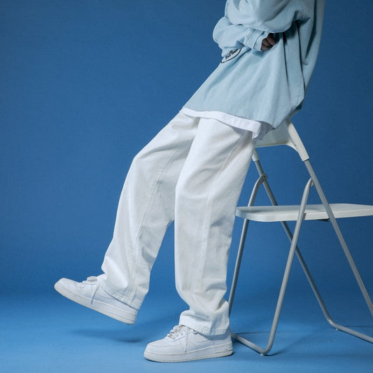 Straight Jeans men Autumn White/black Korean Man Loose Denim Trousers Streetwear Male Casual Pants Men's Solid Color  wide jeans