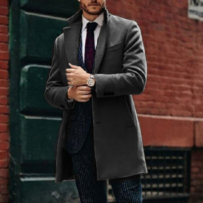 Woolen Coat Solid Color Autumn Winter New Men Long Sleeve Single Breasted Lapel Fashion Design Temperament Commute