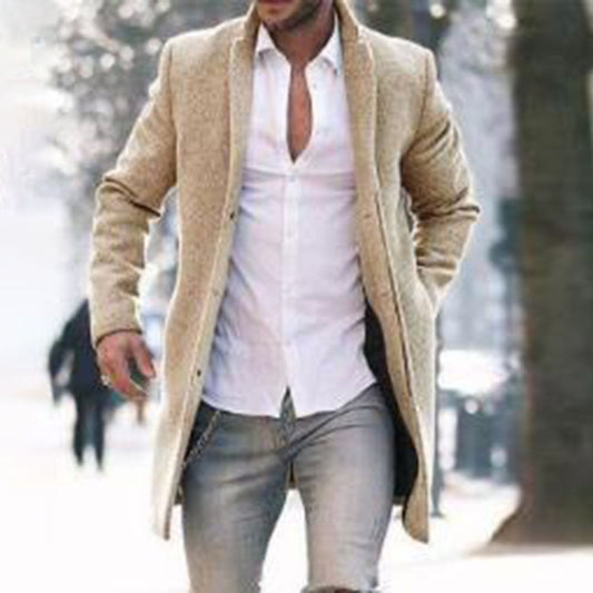 maoxiangshop Autumn Winter New Fashion Men Solid Color Woolen Coat Keep Warm Pocket Lapel Long Sleeve Temperament Single Breasted
