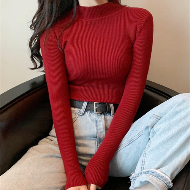 Women Pullovers Sweater Autumn Winter Turtleneck Knitted Sweater Women Tops Long Sleeve Short Slim Sweater Girls